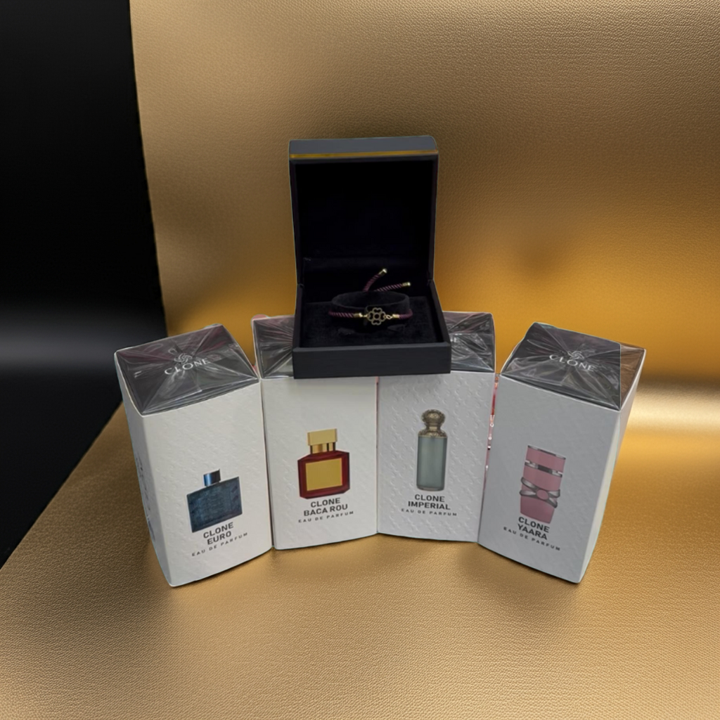 ٤ عطور + سلسال يد ذهب هدية – فقط ١٥٠ درهم
