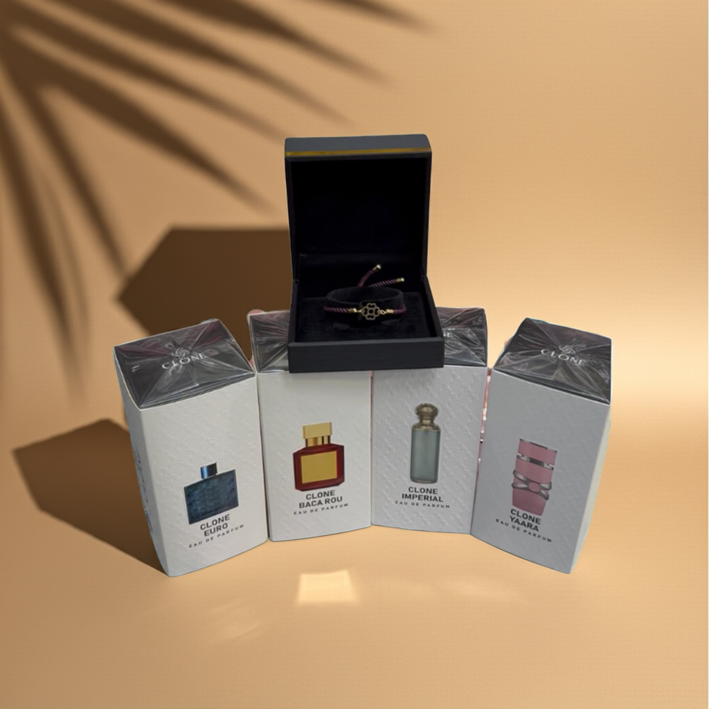 ٤ عطور + سلسال يد ذهب هدية – فقط ١٥٠ درهم
