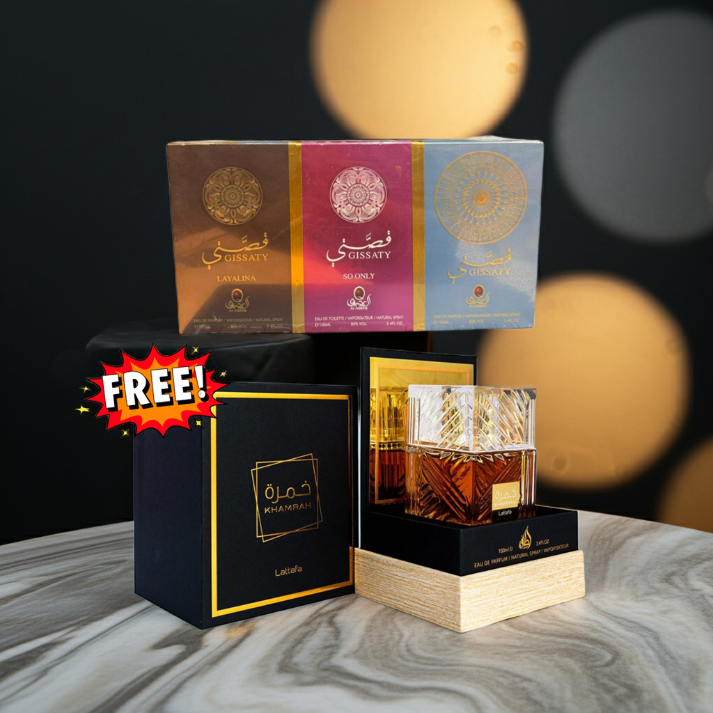 Qissa Box Set + Khamrah Perfume by Lattafa
